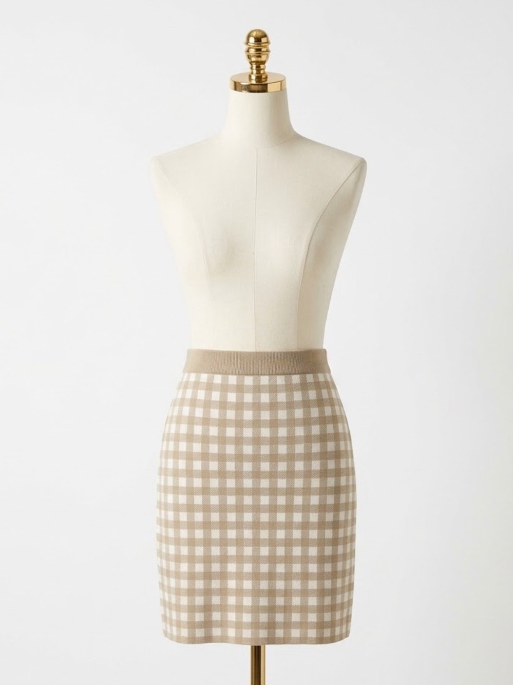Kule The Costa Gingham Knit Skirt Tan Check Mini Sweater Pencil Preppy Retro M